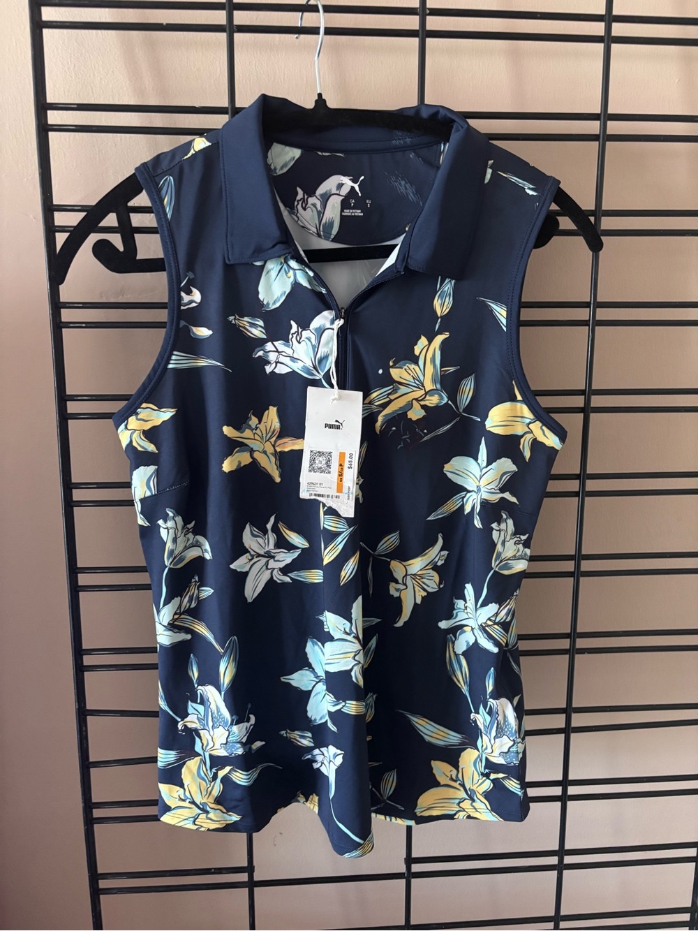 Puma Navy Sleeveless Floral Polo with Yellow & Light Blue Blooms